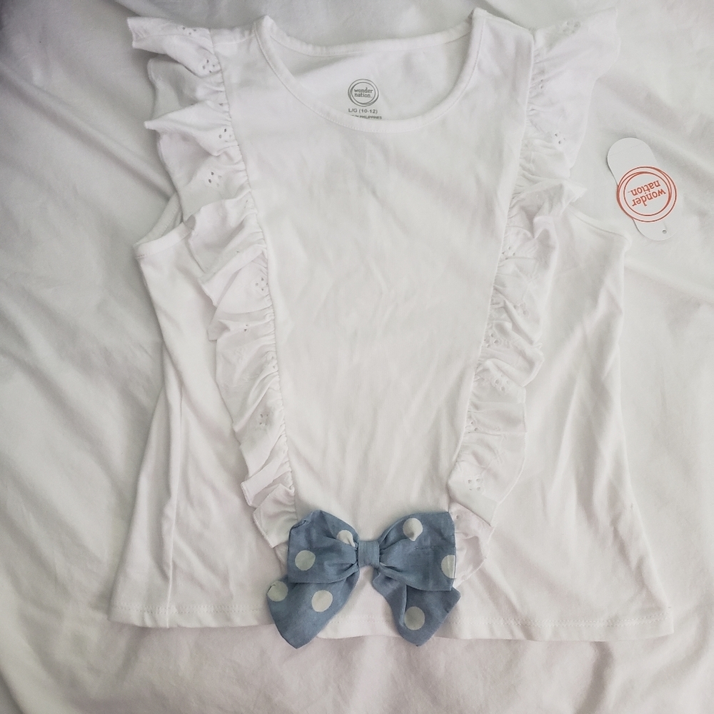 White Ruffle Tank with Chambray Bow